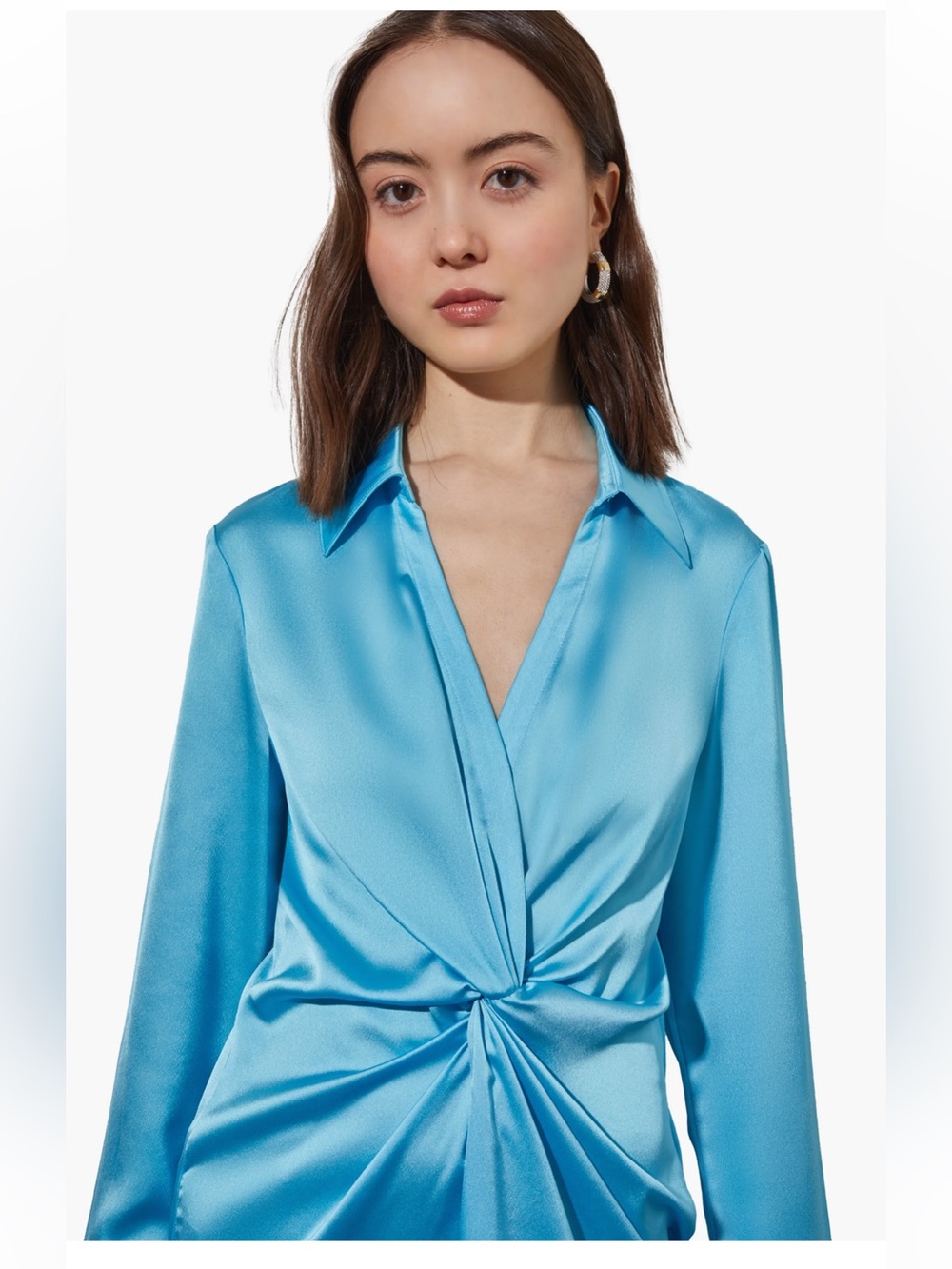Ming Wang Turquoise Gathered-Front Silk Blouse